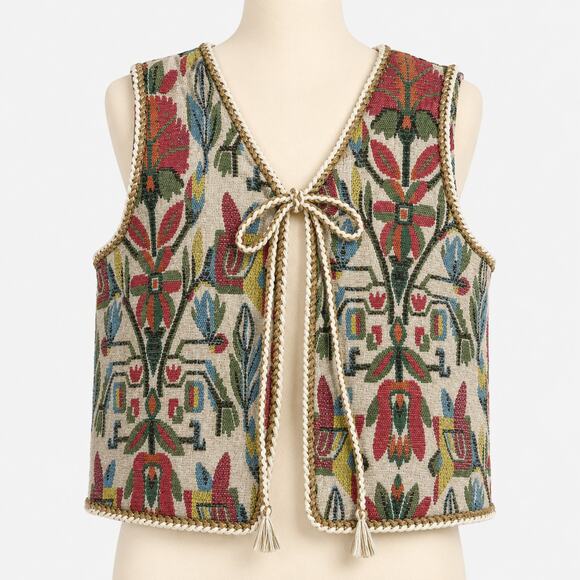 None and/or Unknown Jackets & Blazers - Vintage Tapestry Boho Tie Front Vest Women's Medium M Floral Woven